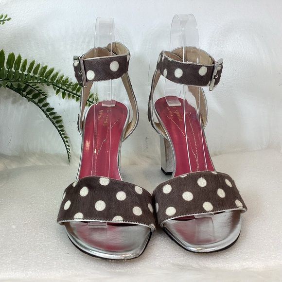 KATE SPADE NY POLKA DOT LEATHER PONY HAIR ANKLE STRAP SANDALS ITALY SZ 8 - Picture 6 of 14